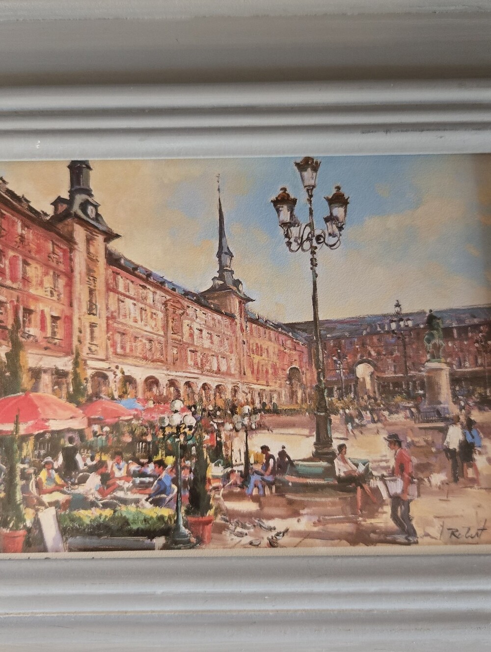 Framed European Street Market Plaza Mayor Madrid Painting - Gray Frame - Picture 2 of 5